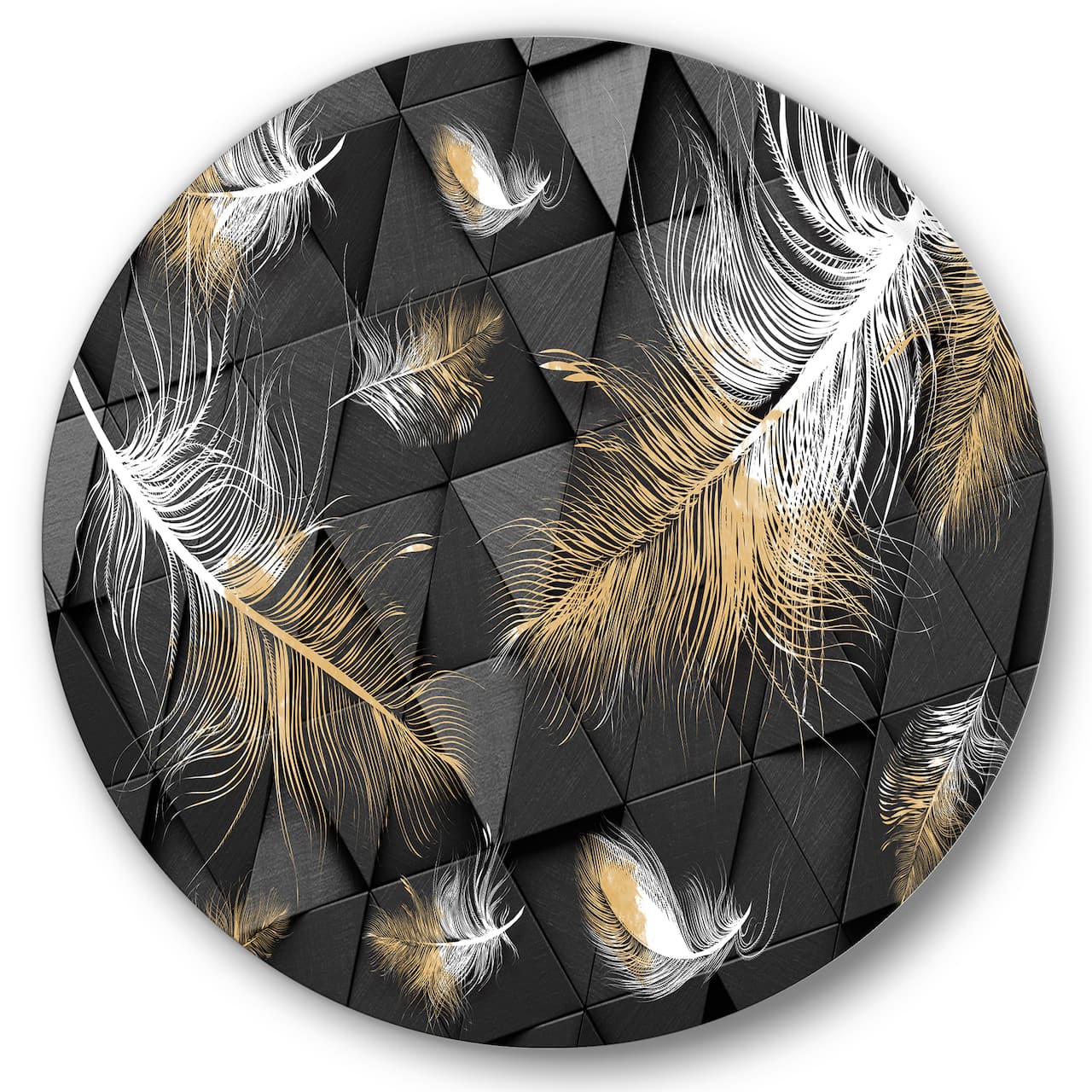 Designart - White and Gold Feathers On Triangular - Modern Metal Circle Wall Art